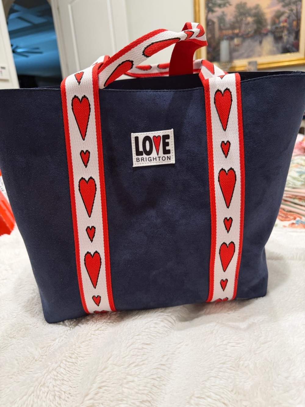 Brighton Navy Tote with Red and White Heart Straps